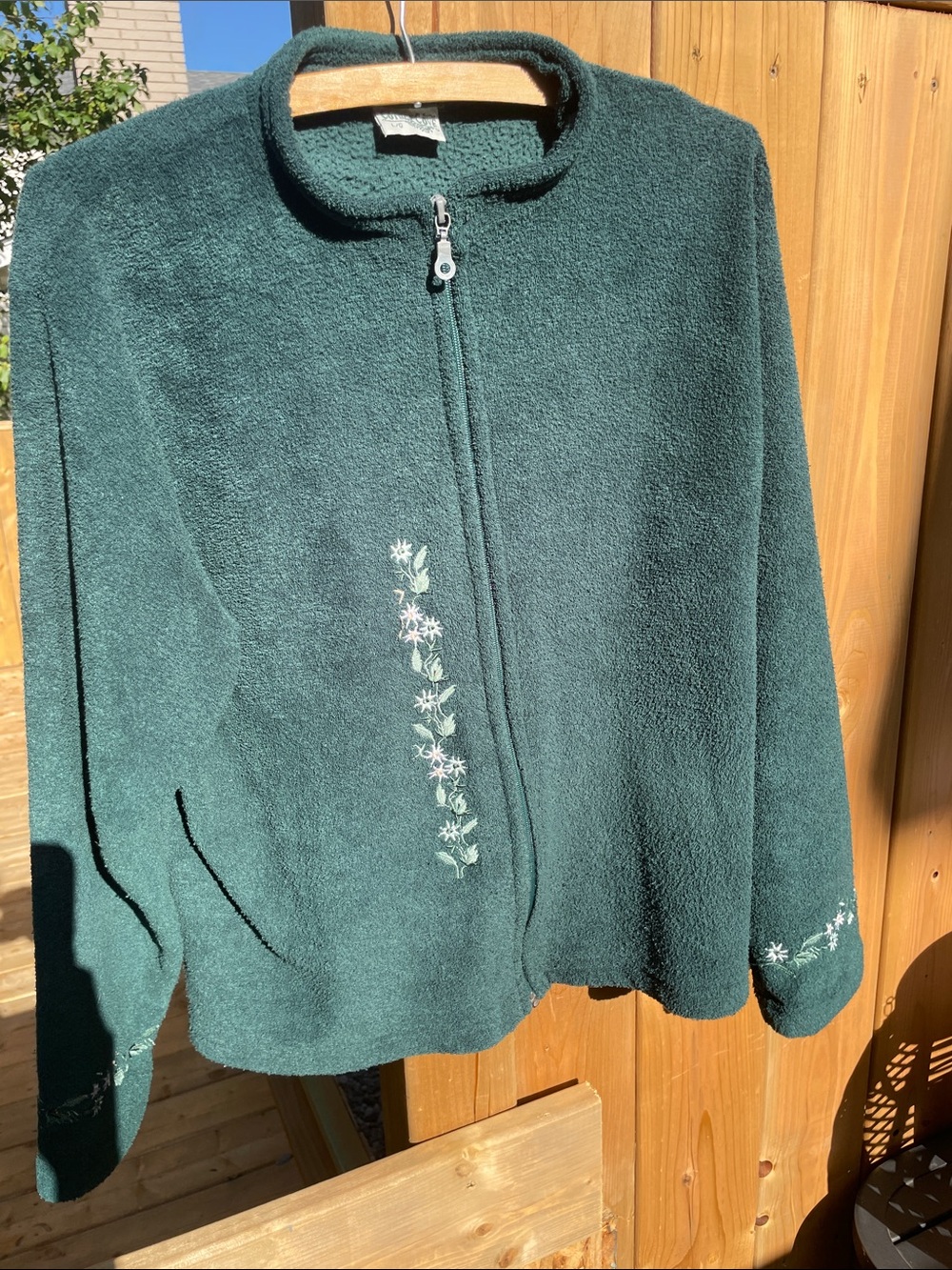 Cottage Cove Forest Green Zip-Front Cardigan with Embroidered Floral Detail